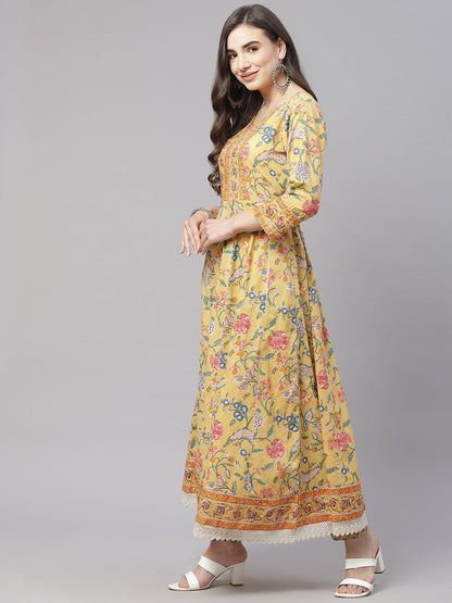 Women's Yellow Floral Anarkali Pant Set With Dupatta