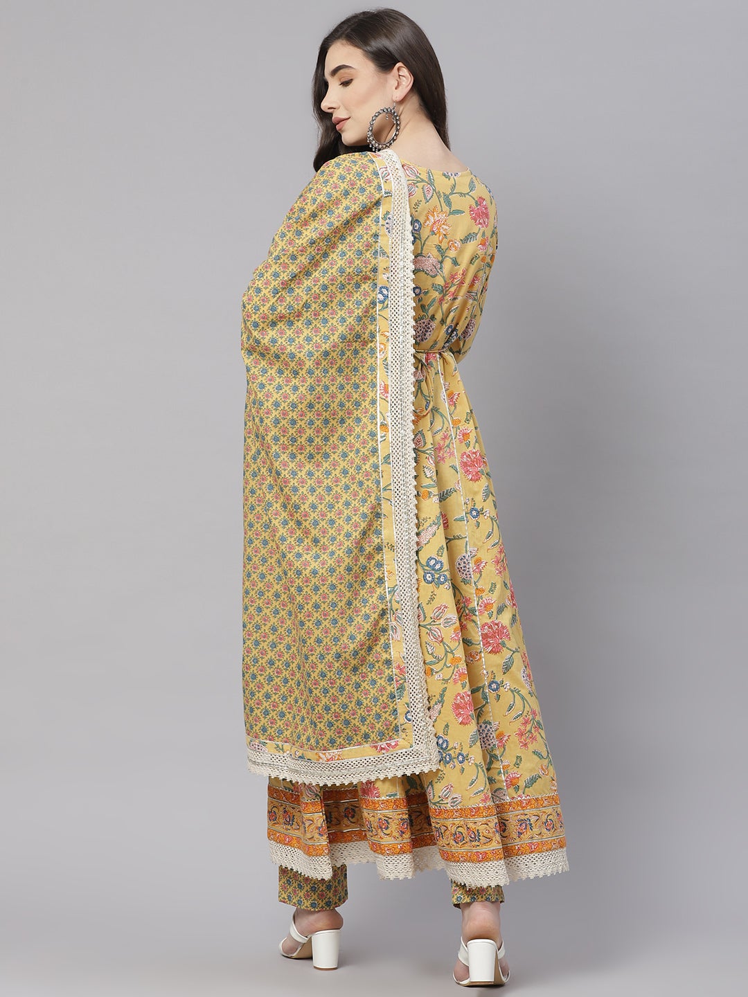 Women's Yellow Floral Anarkali Pant Set With Dupatta