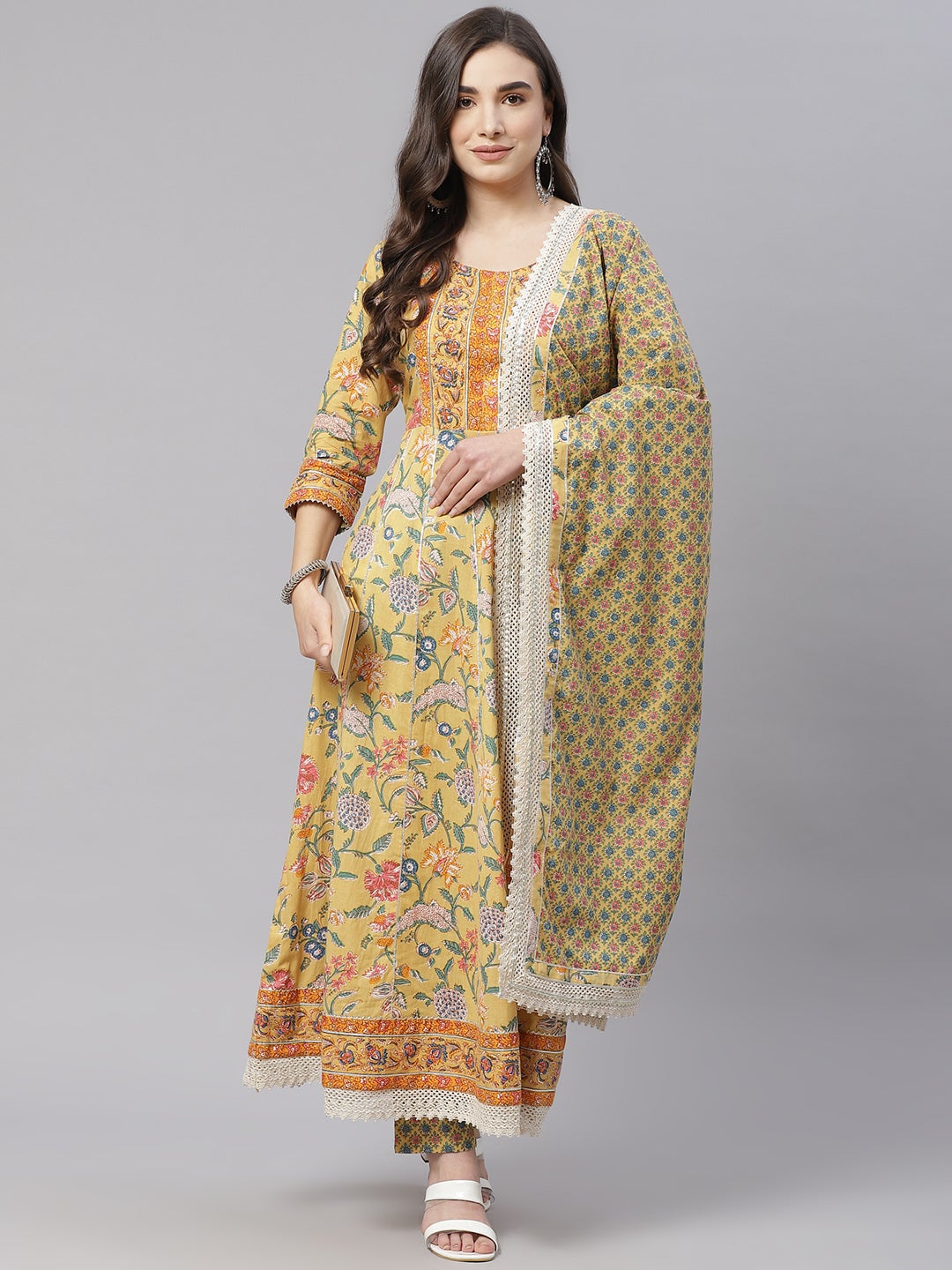 Women's Yellow Floral Anarkali Pant Set With Dupatta