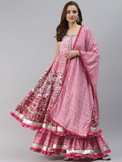 Women's Pink Cotton Sleeves Less Anarkali Sharara Set With Dupatta