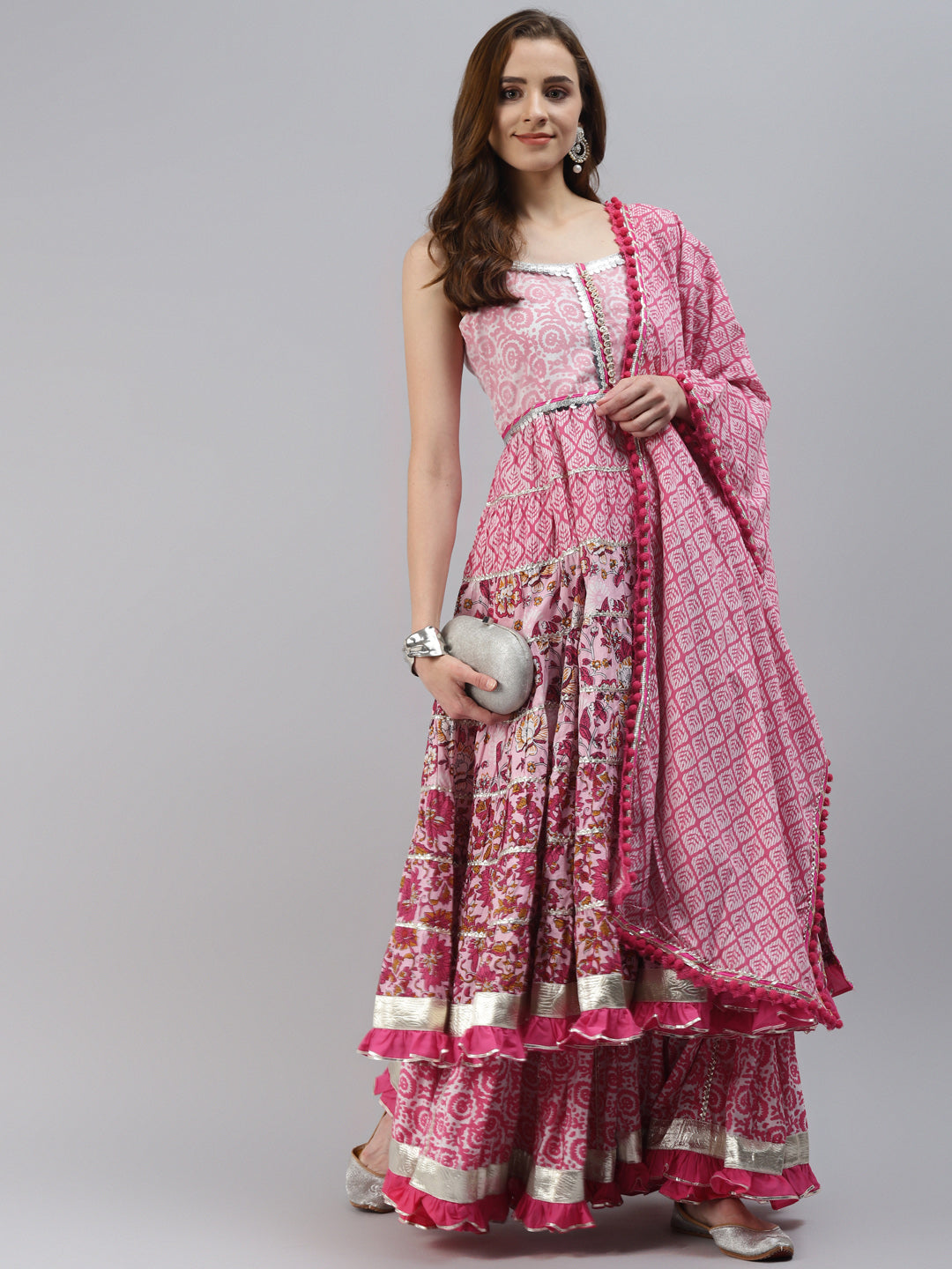 Women's Pink Cotton Sleeves Less Anarkali Sharara Set With Dupatta