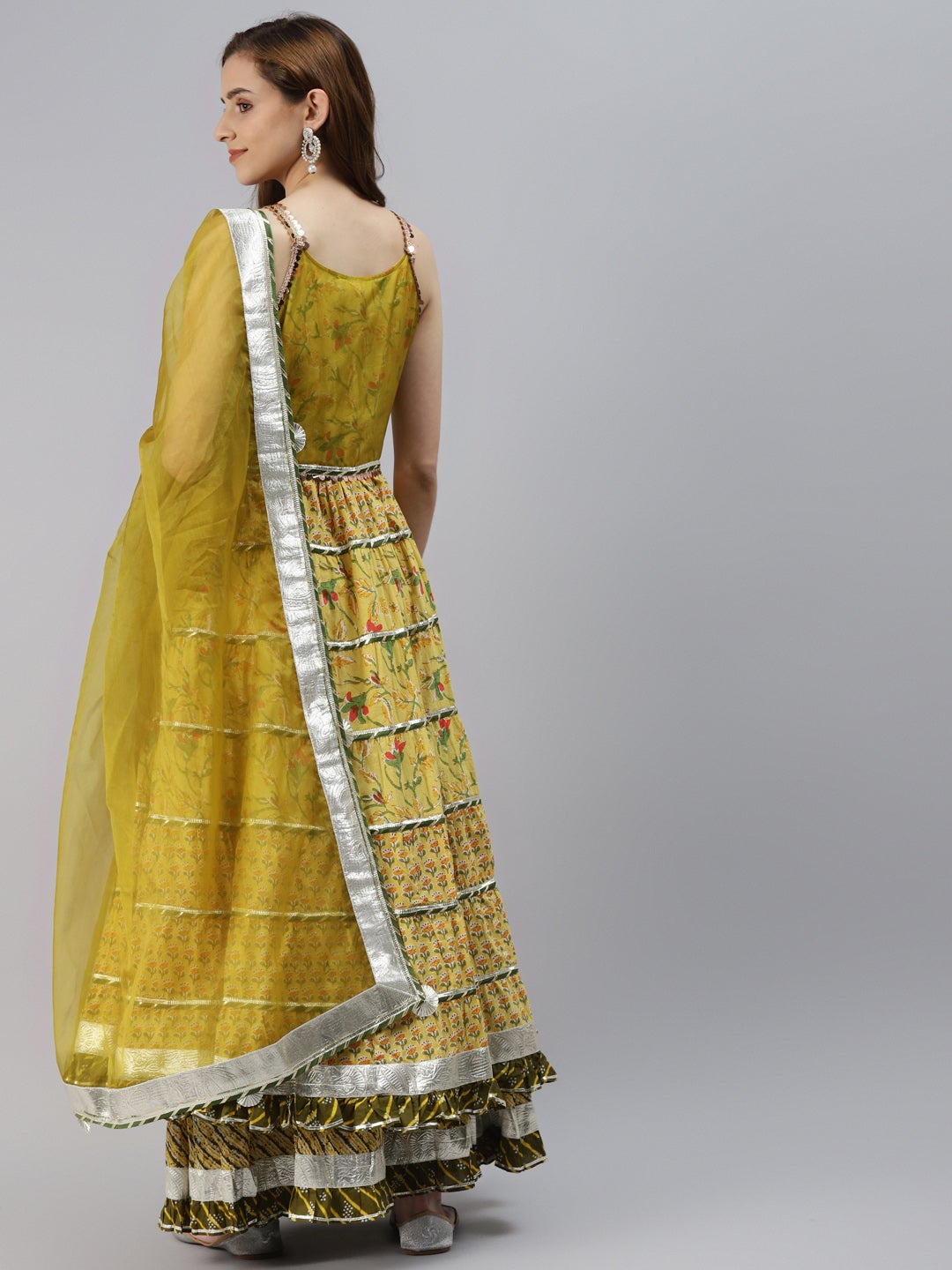 Women's Yellow Cotton Sleeves Less Anarkali Skirt Set With Dupatta