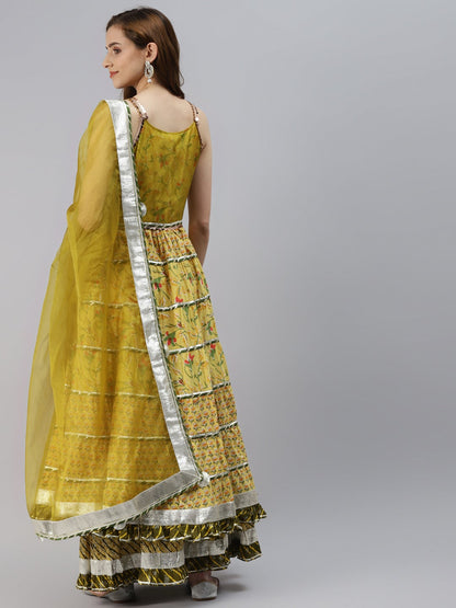 Women's Yellow Cotton Sleeves Less Anarkali Skirt Set With Dupatta