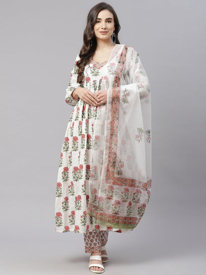 Women's White Floral Anarkali Kurta Pant Set With Dupatta