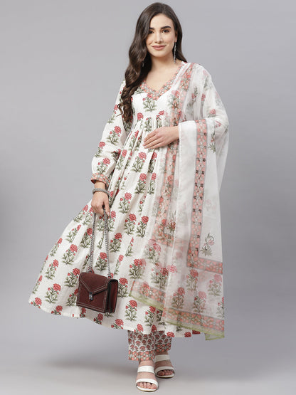 Women's White Floral Anarkali Kurta Pant Set With Dupatta