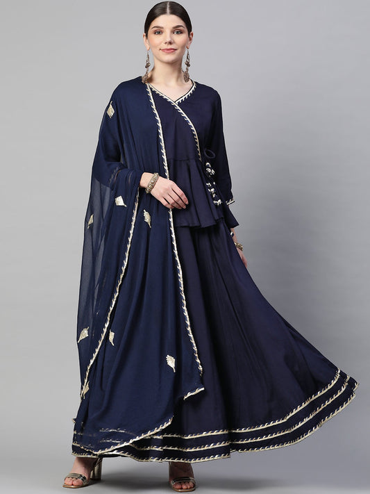 Women's Navy Blue Embroidered Lehenga Dupatta Set