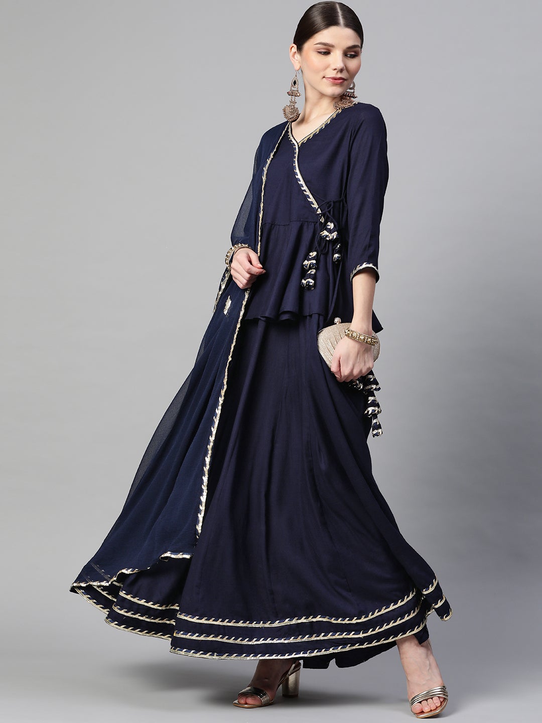 Women's Navy Blue Embroidered Lehenga Dupatta Set