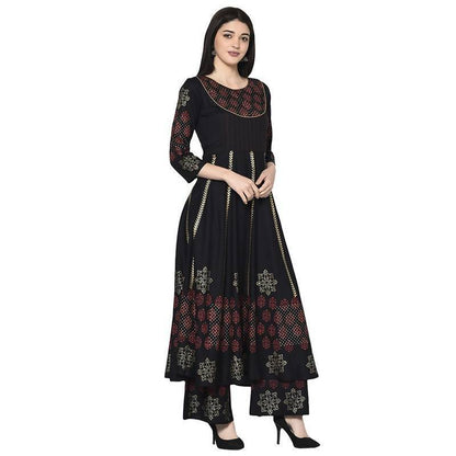 Women's Black Anarkali Kurta with palazzo set by - (2pcs set)