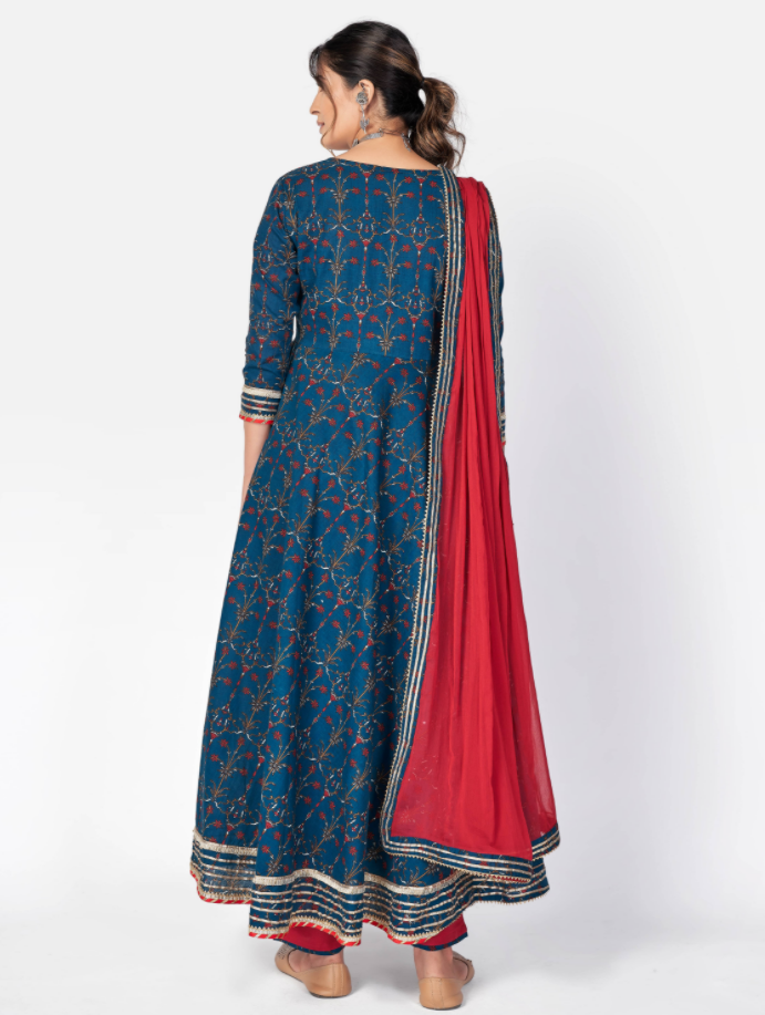 Women's Dark Blue Anarkali Cotton Kurta With Pant & Dupatta  (3Pcs Set)