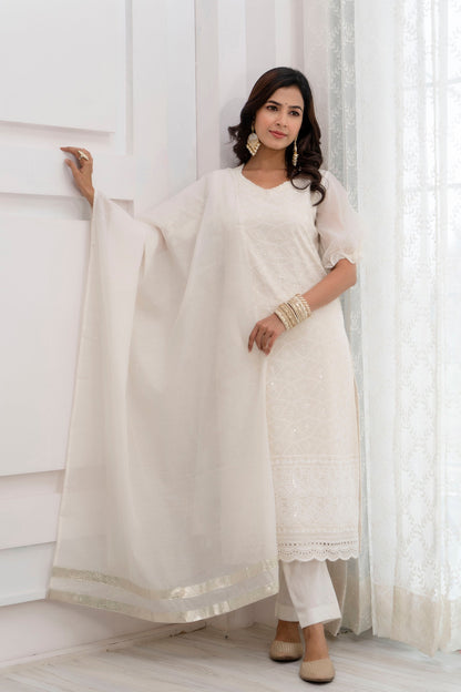 Women's Chanderi Whitish Beige White Festive Suit Set 3Pc Adaah Collection