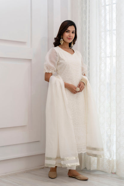 Women's Chanderi Whitish Beige White Festive Suit Set 3Pc Adaah Collection