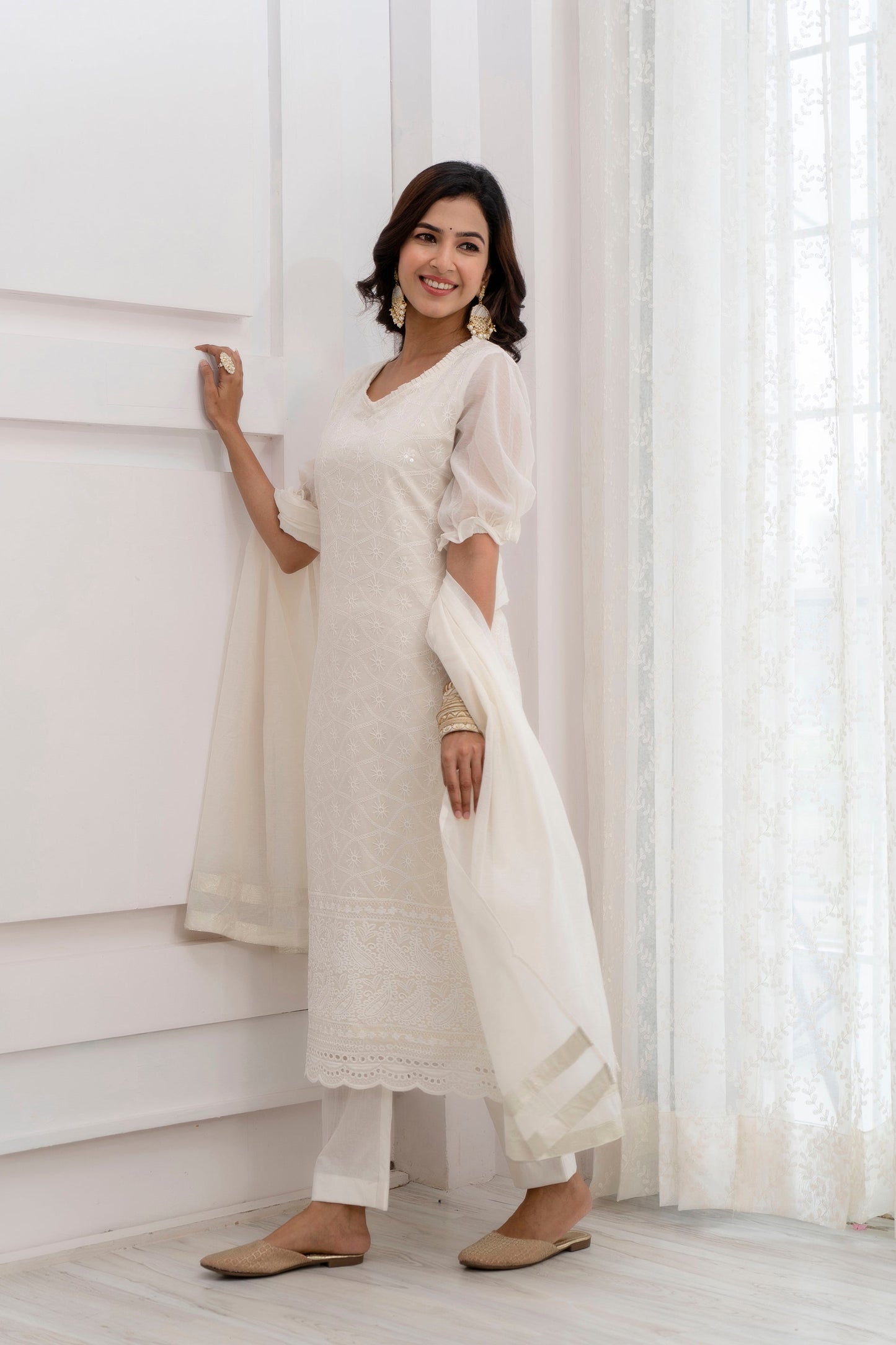 Women's Chanderi Whitish Beige White Festive Suit Set 3Pc Adaah Collection