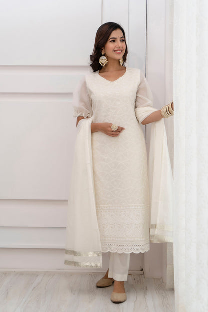 Women's Chanderi Whitish Beige White Festive Suit Set 3Pc Adaah Collection