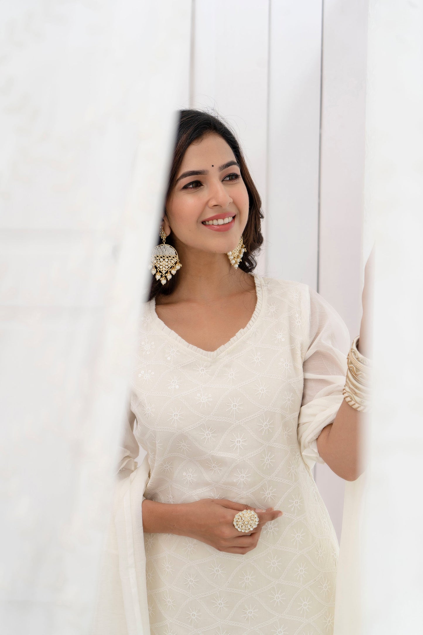 Women's Chanderi Whitish Beige White Festive Suit Set 3Pc Adaah Collection