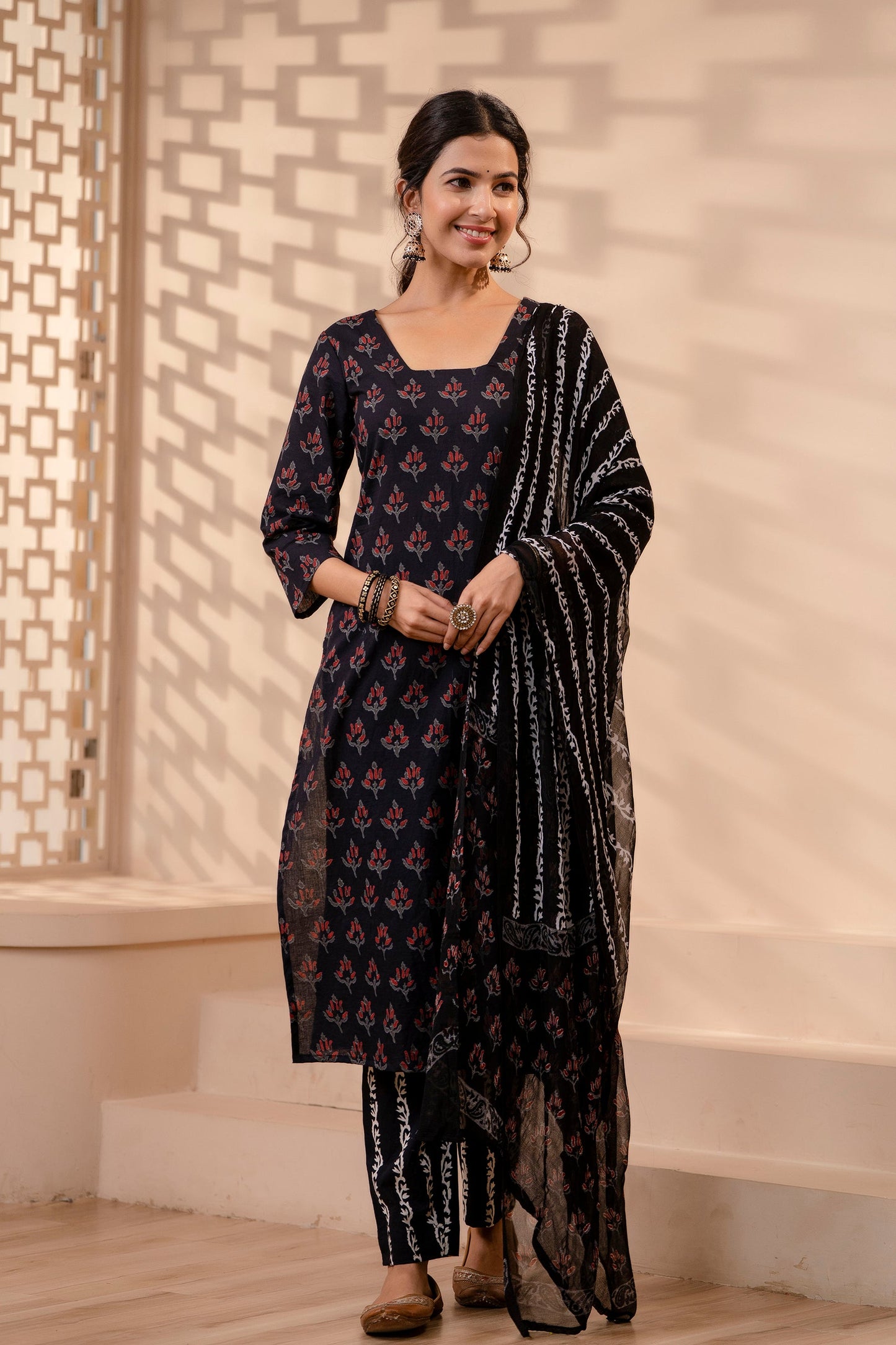 Women's Chiffon Dupatta Black Hand Block Print Suit Set 3 Pc Freya Collection