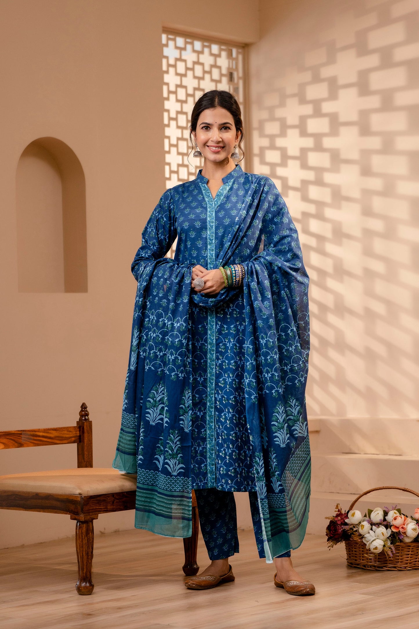 Women's Cotton Blue Hand Block Print Suit Set 3 Pc Jasmine Collection