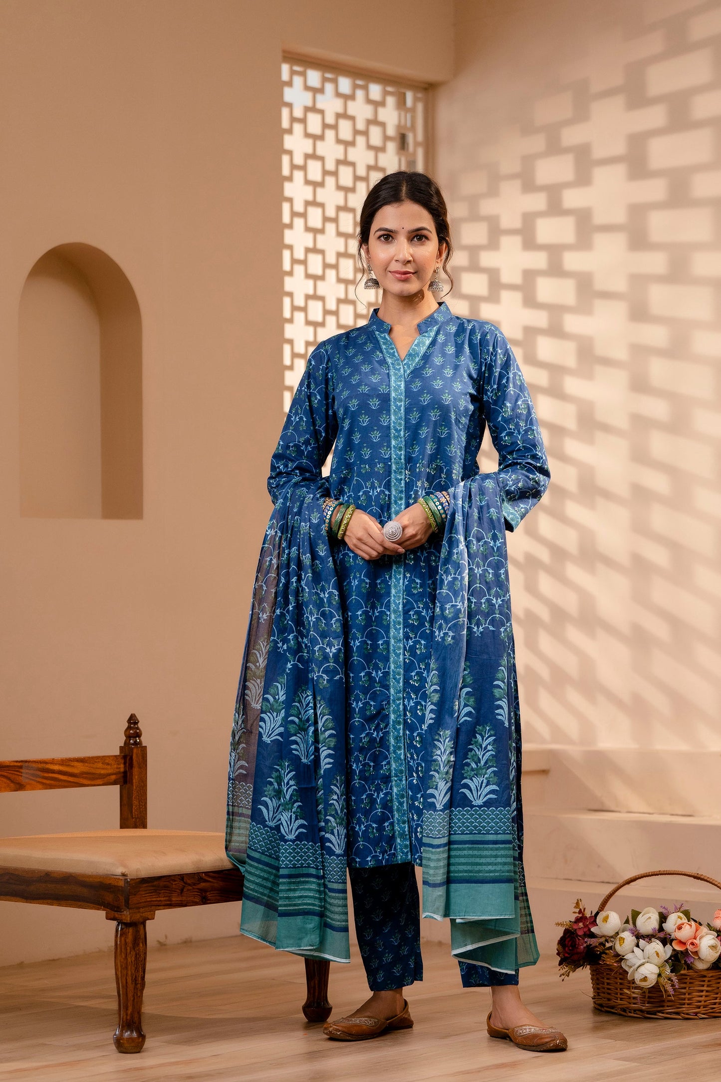 Women's Cotton Blue Hand Block Print Suit Set 3 Pc Jasmine Collection