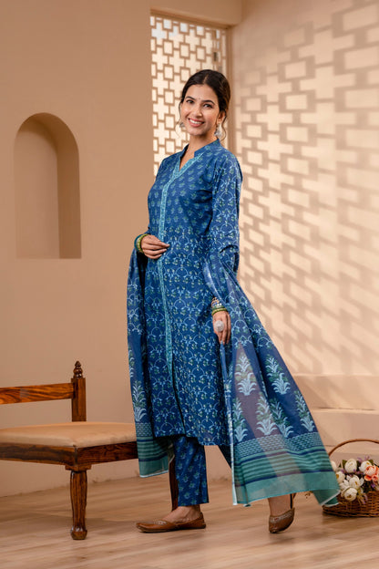 Women's Cotton Blue Hand Block Print Suit Set 3 Pc Jasmine Collection