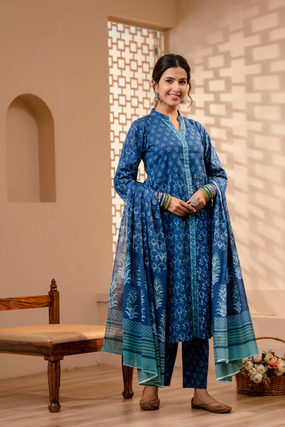 Women's Cotton Blue Hand Block Print Suit Set 3 Pc Jasmine Collection