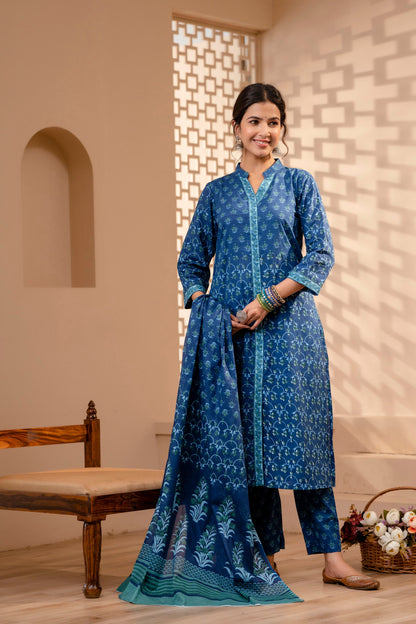 Women's Cotton Blue Hand Block Print Suit Set 3 Pc Jasmine Collection