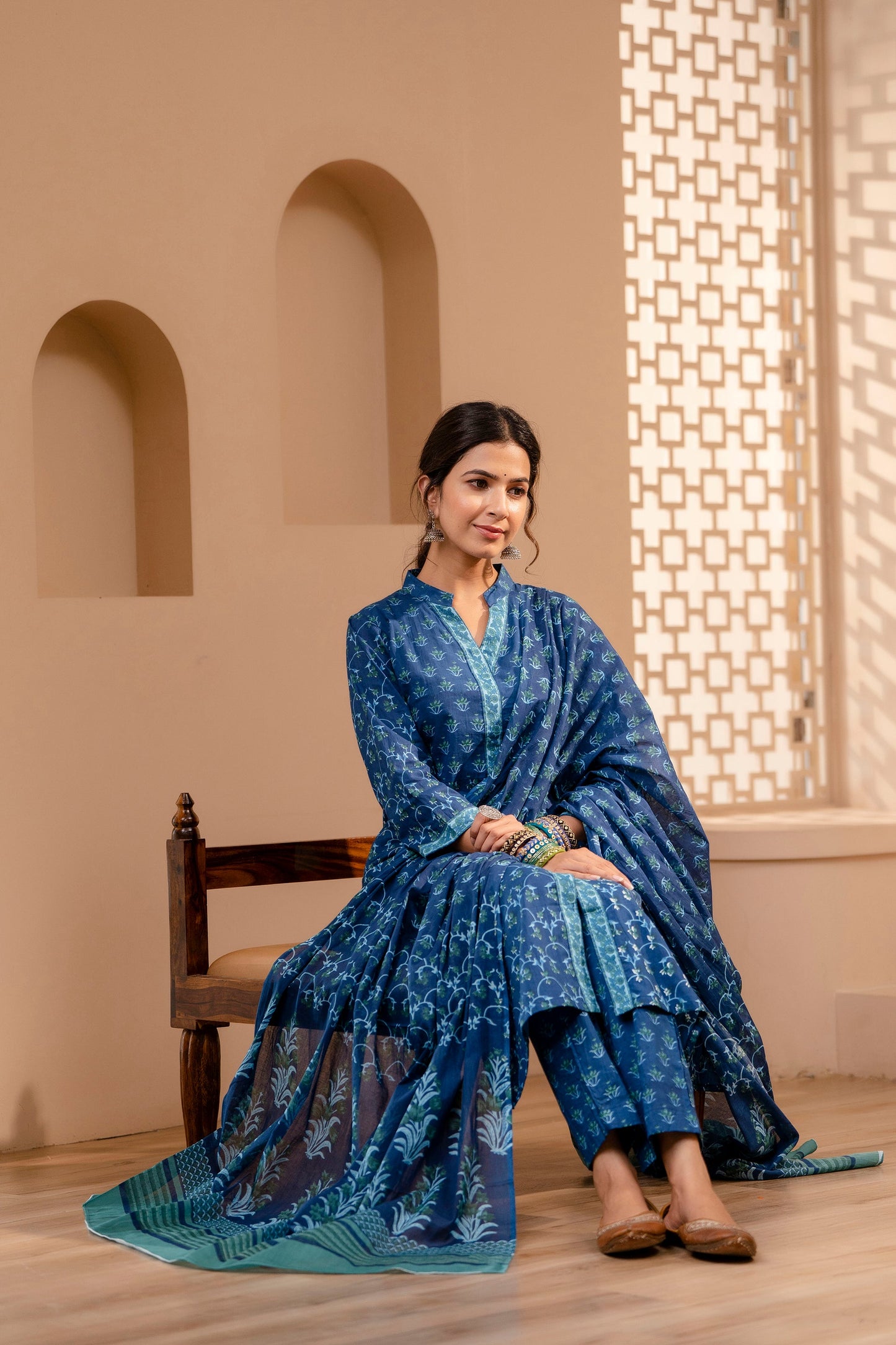 Women's Cotton Blue Hand Block Print Suit Set 3 Pc Jasmine Collection