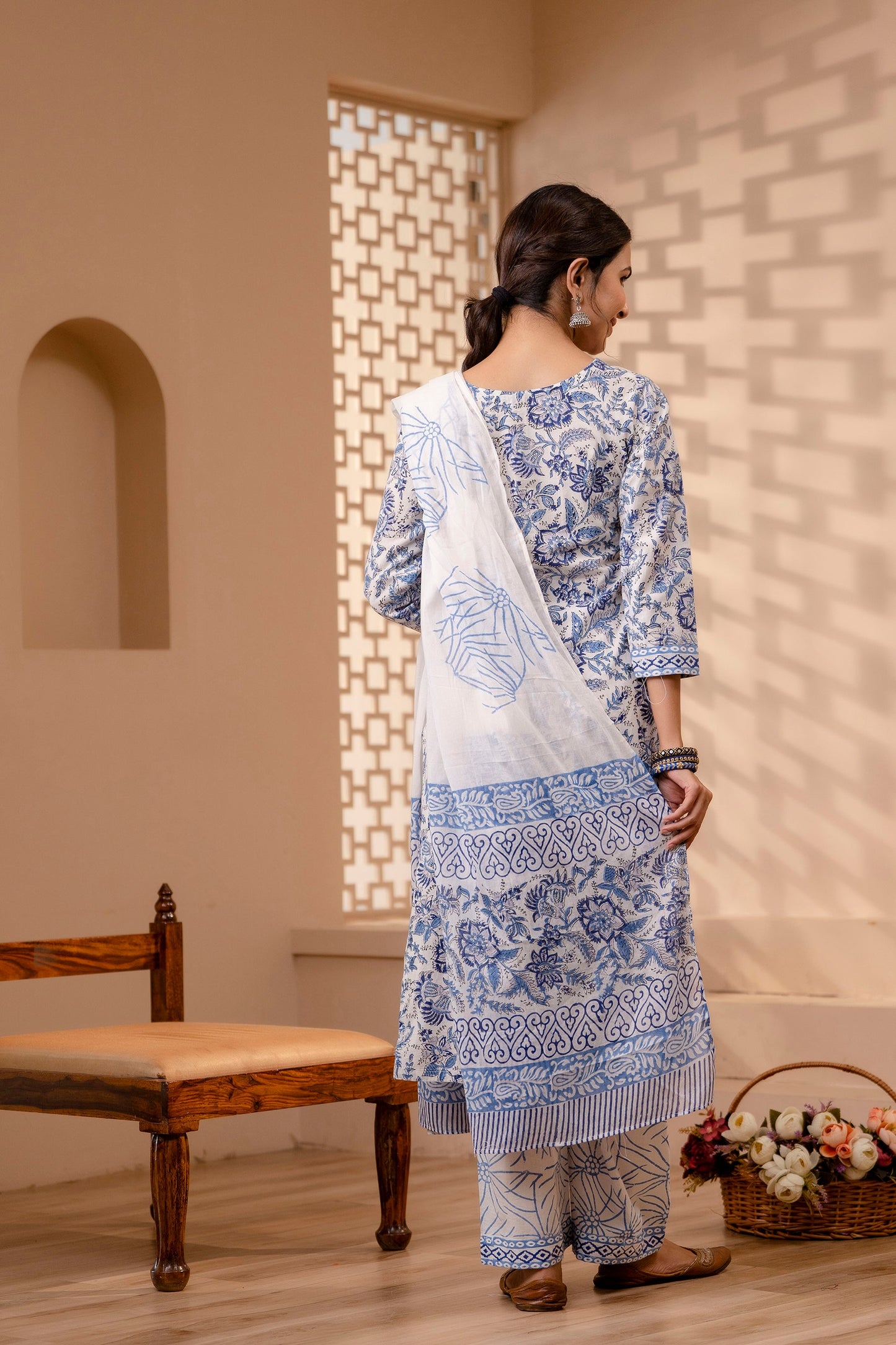 Women's Cotton White-Blue Hand Block Print Suit Set 3 Pc Jasmine Collection