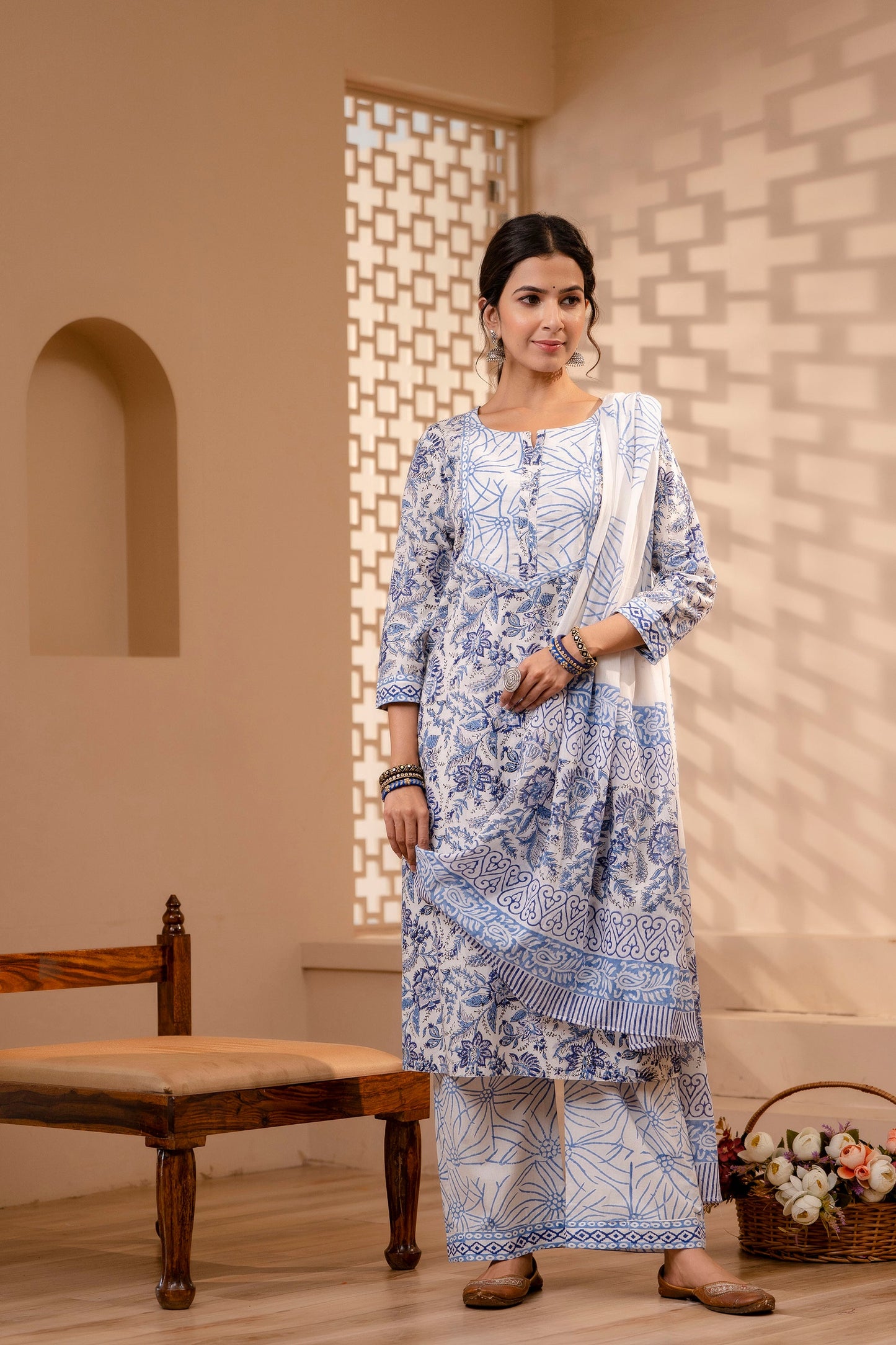 Women's Cotton White-Blue Hand Block Print Suit Set 3 Pc Jasmine Collection