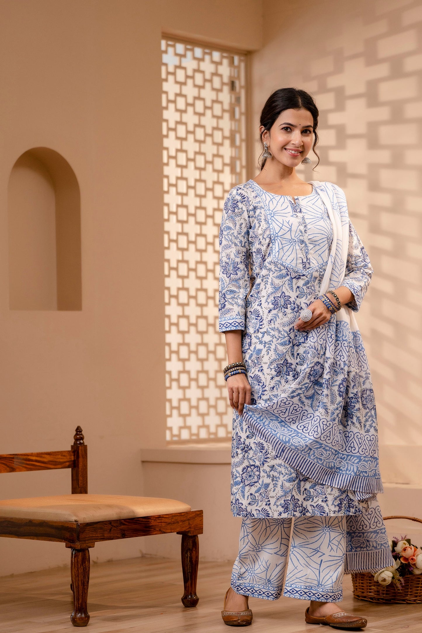 Women's Cotton White-Blue Hand Block Print Suit Set 3 Pc Jasmine Collection