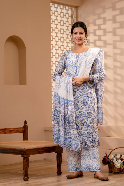 Women's Cotton White-Blue Hand Block Print Suit Set 3 Pc Jasmine Collection