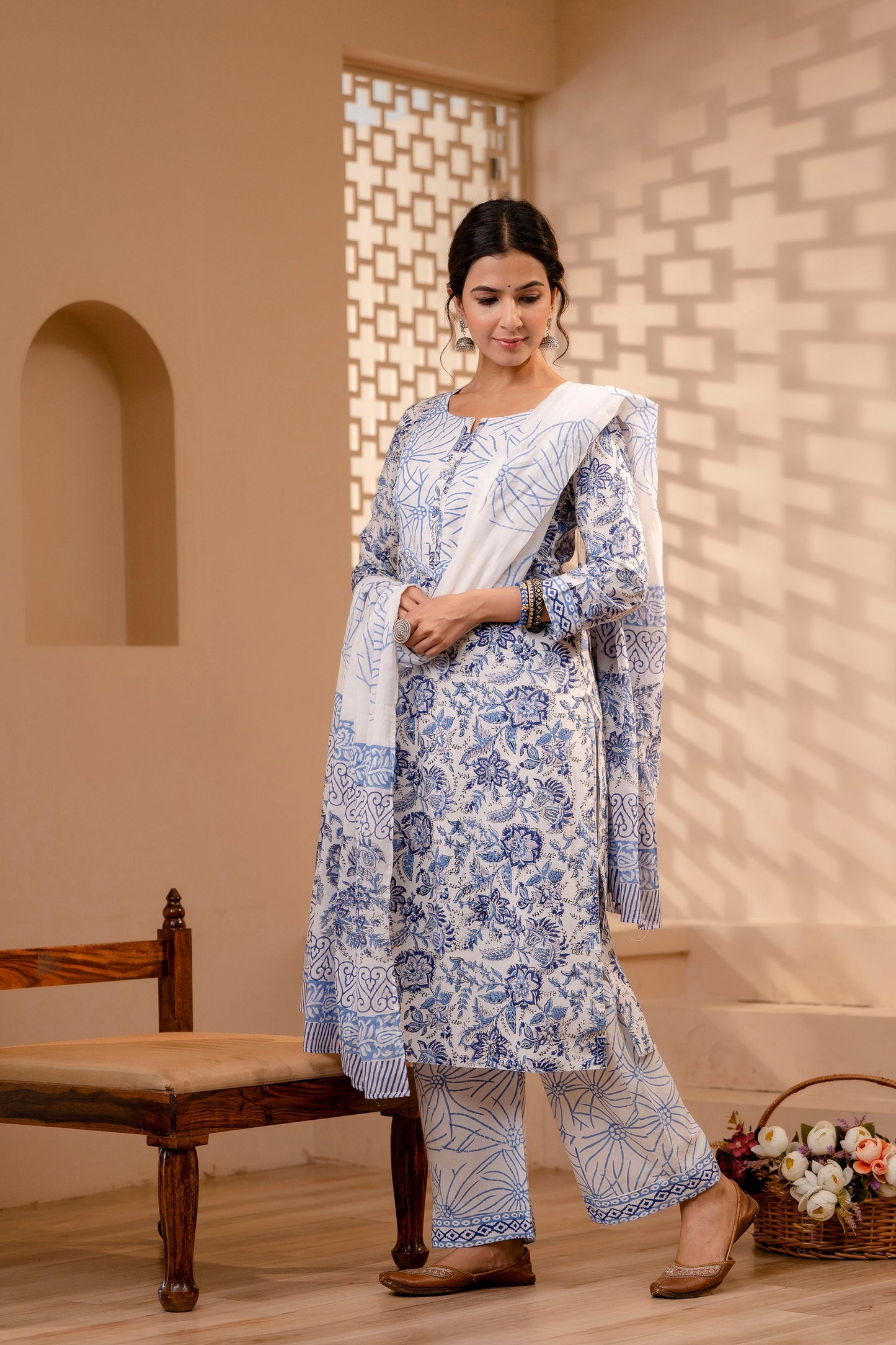 Women's Cotton White-Blue Hand Block Print Suit Set 3 Pc Jasmine Collection