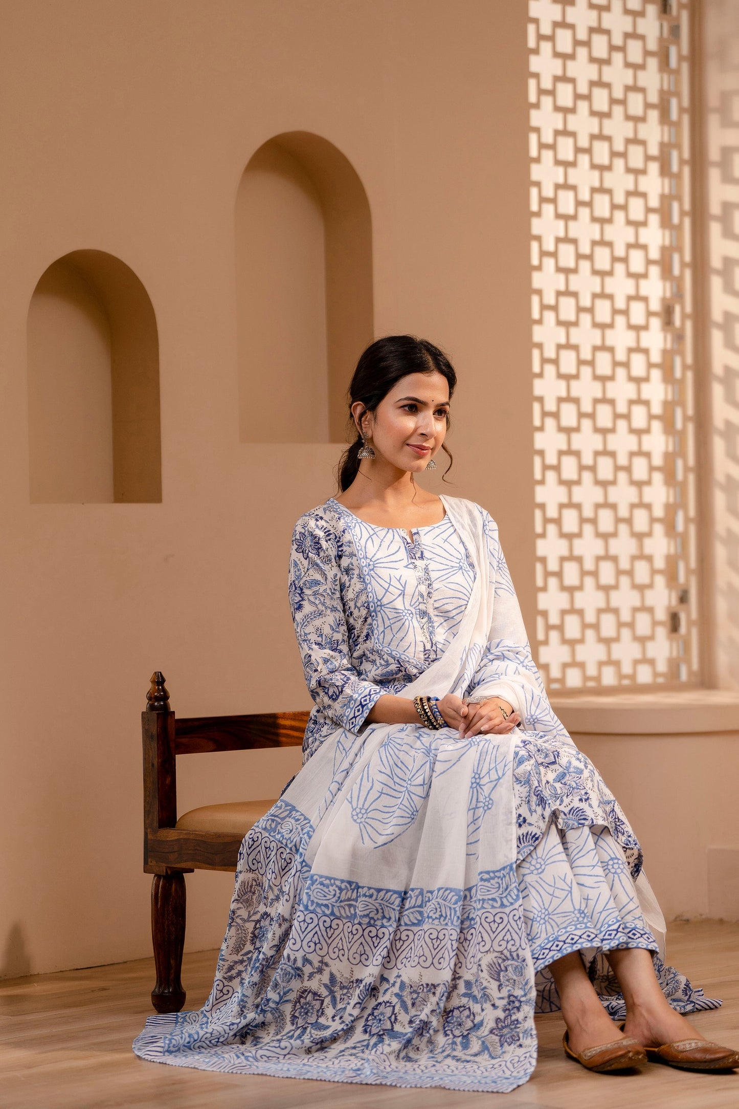 Women's Cotton White-Blue Hand Block Print Suit Set 3 Pc Jasmine Collection