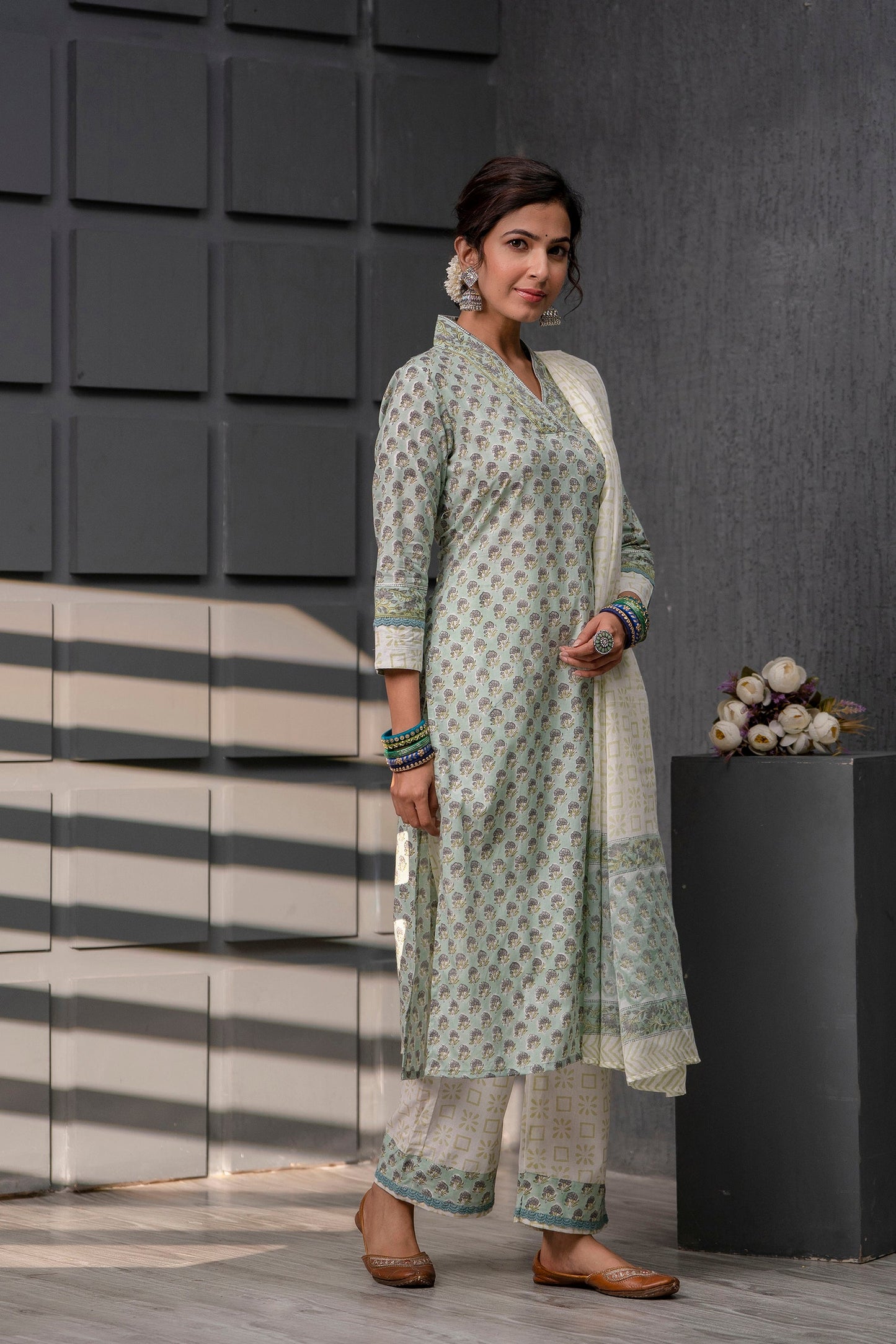 Women's Cotton Aqua Green Hand Block Print Suit Set 3 Pc Jasmine Collection