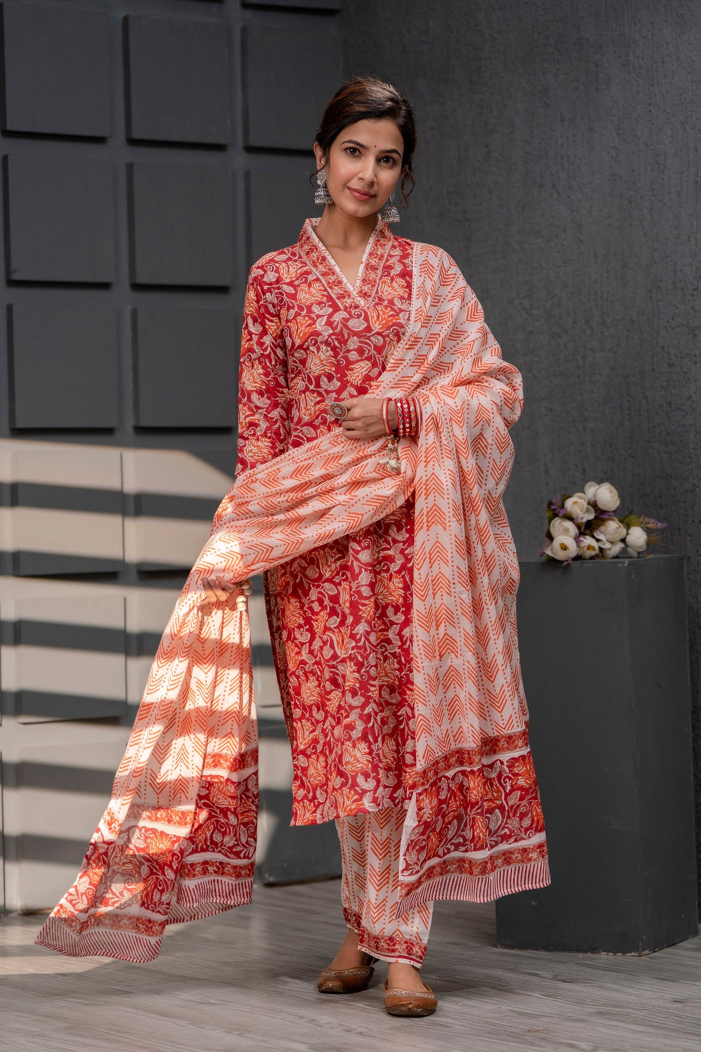 Women's Cotton Red Hand Block Print Suit Set 3 Pc Jasmine Collection