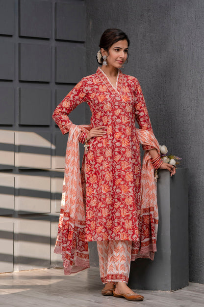 Women's Cotton Red Hand Block Print Suit Set 3 Pc Jasmine Collection