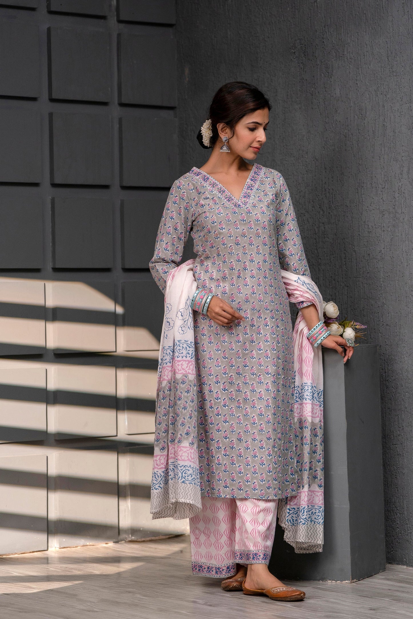 Women's Cotton Grey Hand Block Print Suit Set 3 Pc Jasmine Collection