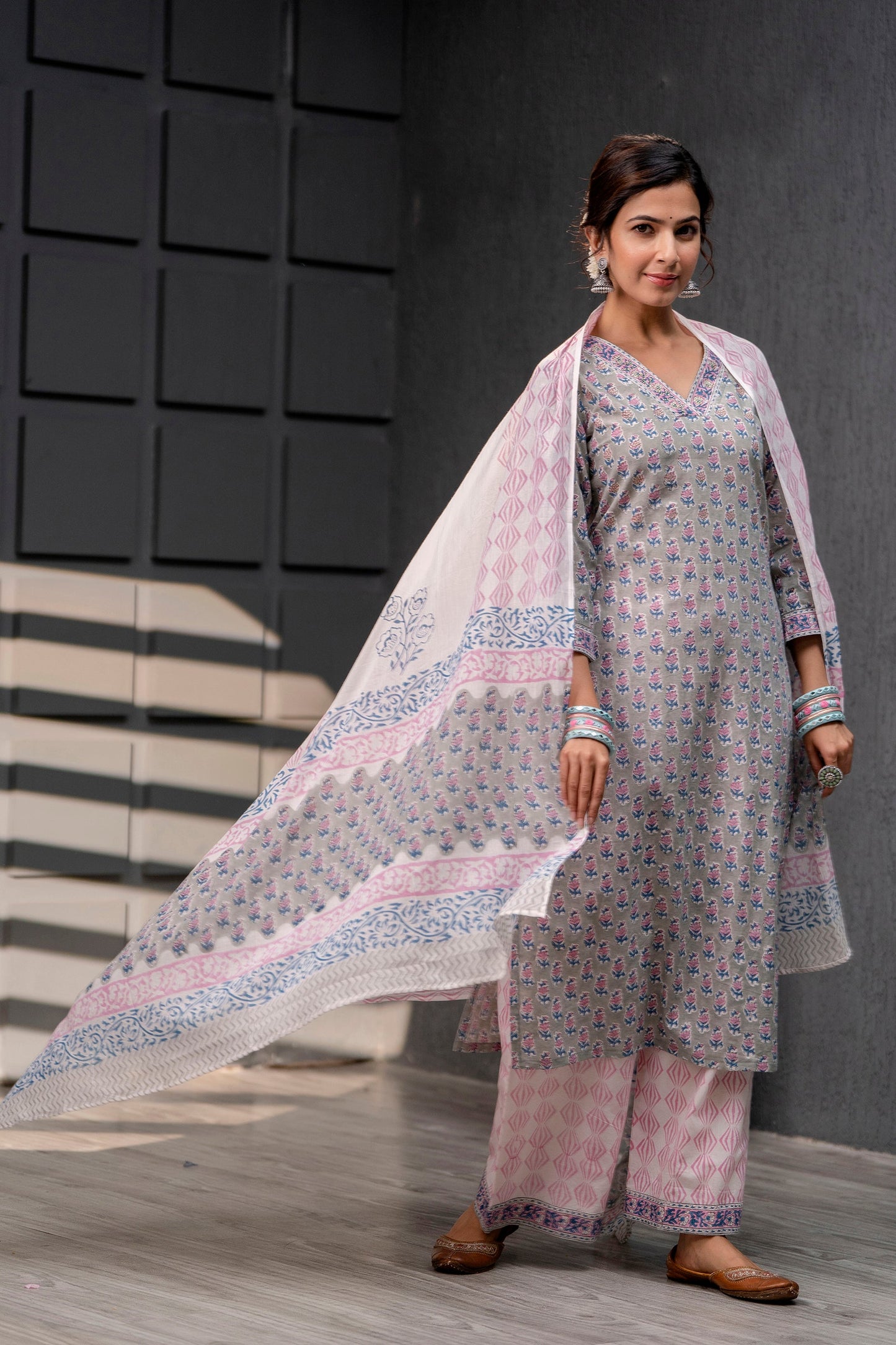 Women's Cotton Grey Hand Block Print Suit Set 3 Pc Jasmine Collection