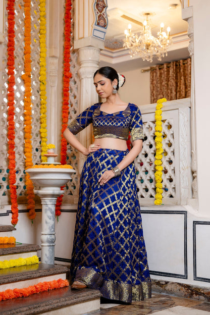 Blue Banarasi Lehenga Choli with Dupatta - 3 pcs set