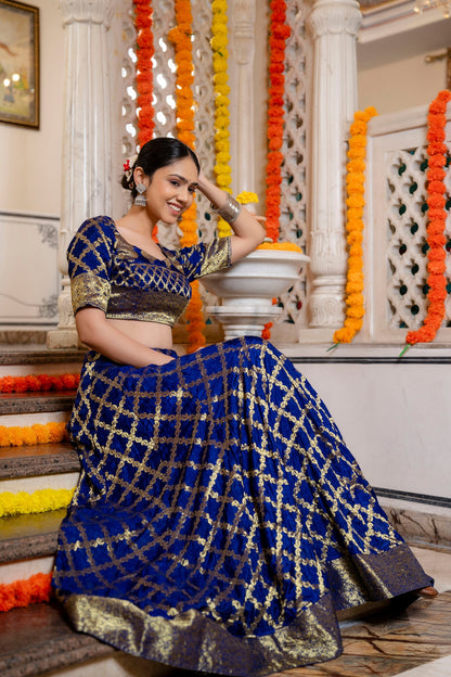 Blue Banarasi Lehenga Choli with Dupatta - 3 pcs set