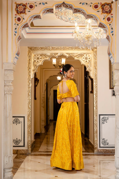 Mustard Yellow Banarasi Lehenga Choli with Dupatta - 3 pcs set