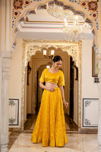 Mustard Yellow Banarasi Lehenga Choli with Dupatta - 3 pcs set