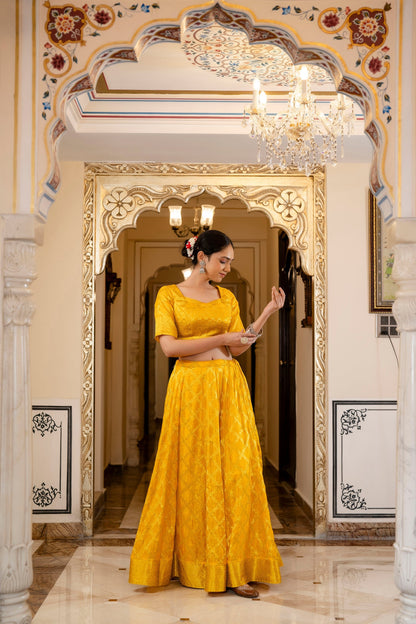 Mustard Yellow Banarasi Lehenga Choli with Dupatta - 3 pcs set