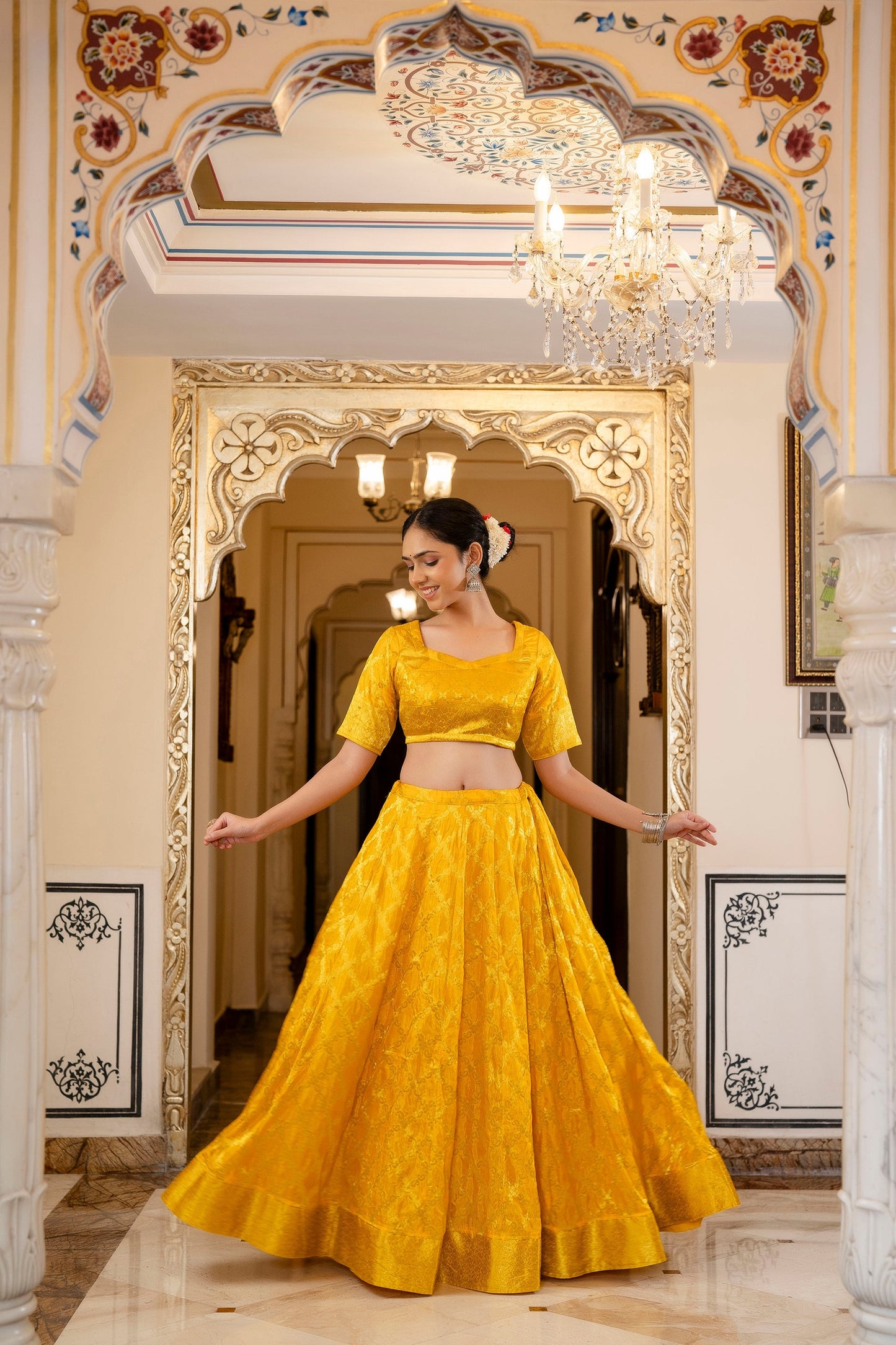 Mustard Yellow Banarasi Lehenga Choli with Dupatta - 3 pcs set