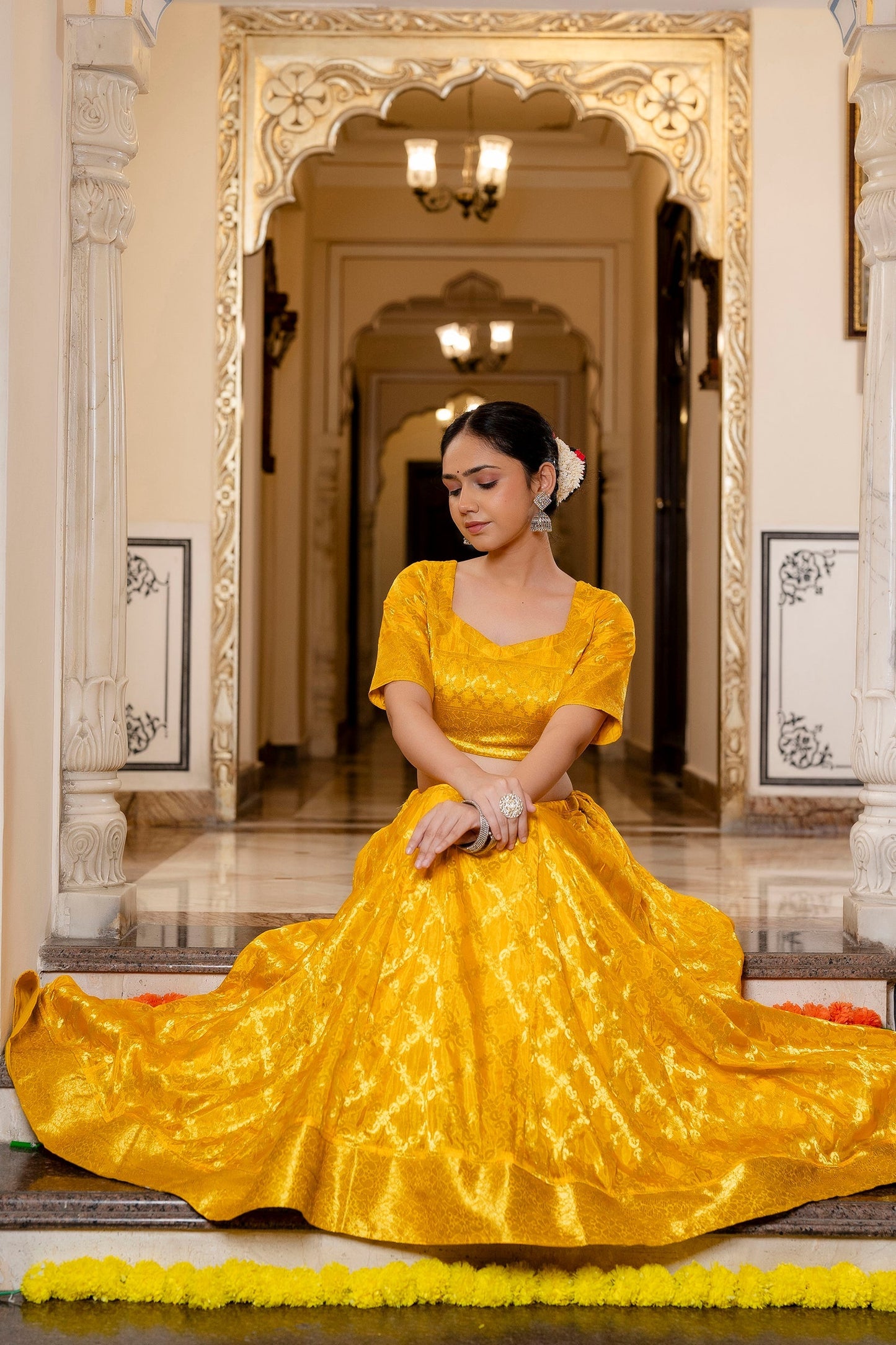 Mustard Yellow Banarasi Lehenga Choli with Dupatta - 3 pcs set