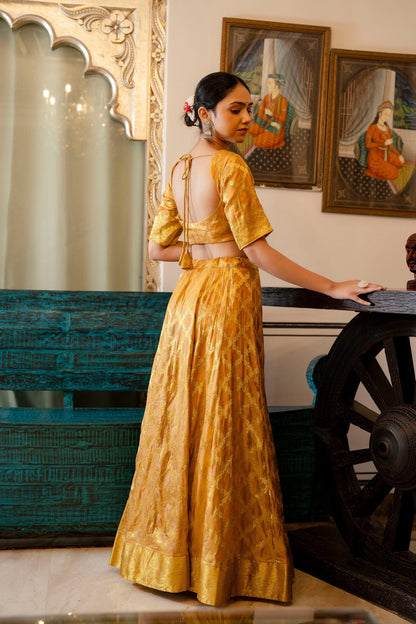 Golden Yellow Banarasi Lehenga Choli with Dupatta - 3 pcs set