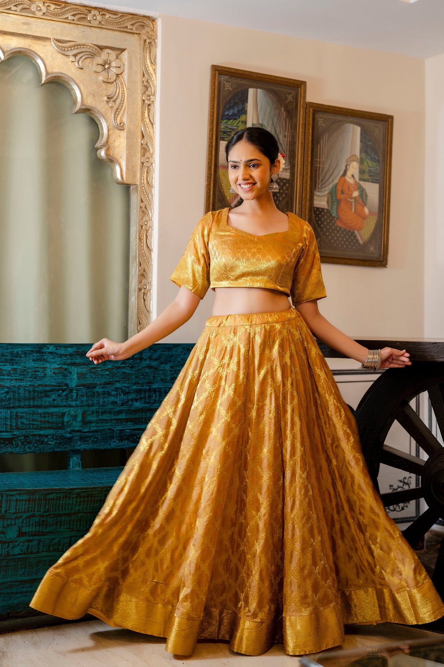 Golden Yellow Banarasi Lehenga Choli with Dupatta - 3 pcs set