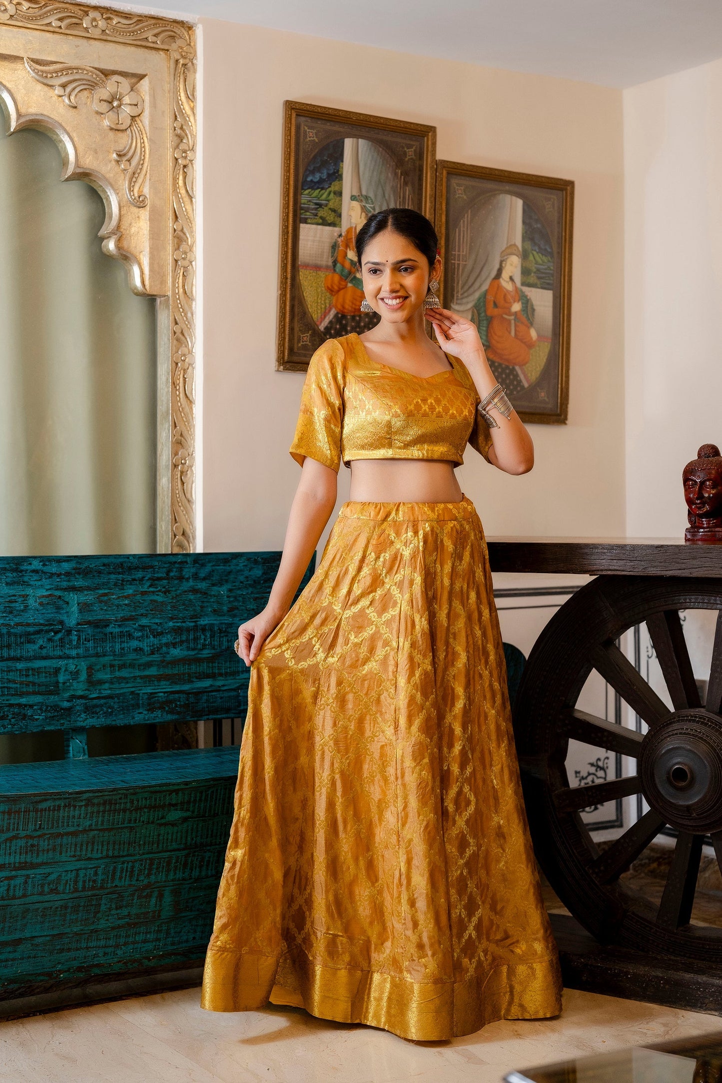 Golden Yellow Banarasi Lehenga Choli with Dupatta - 3 pcs set