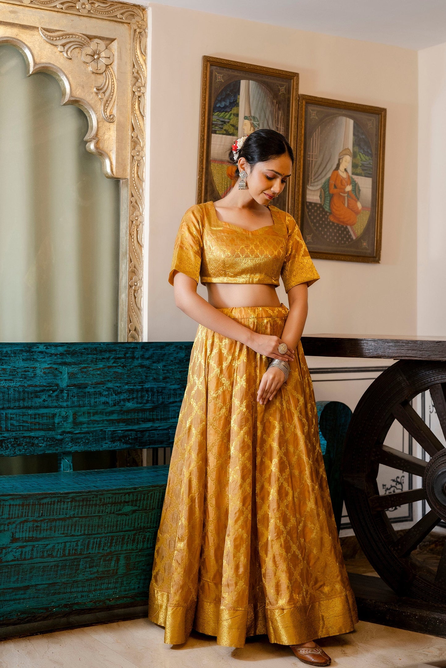 Golden Yellow Banarasi Lehenga Choli with Dupatta - 3 pcs set