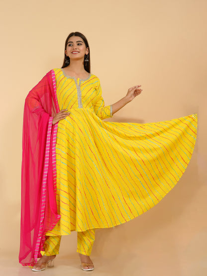 Women's Yellow Leheriya Anarkali Suit (Set Of 3)