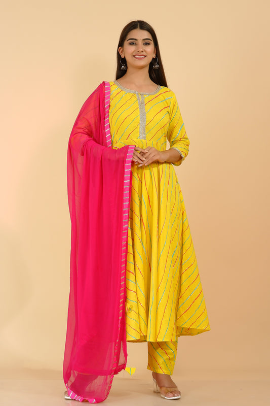 Women's Yellow Leheriya Anarkali Suit (Set Of 3)