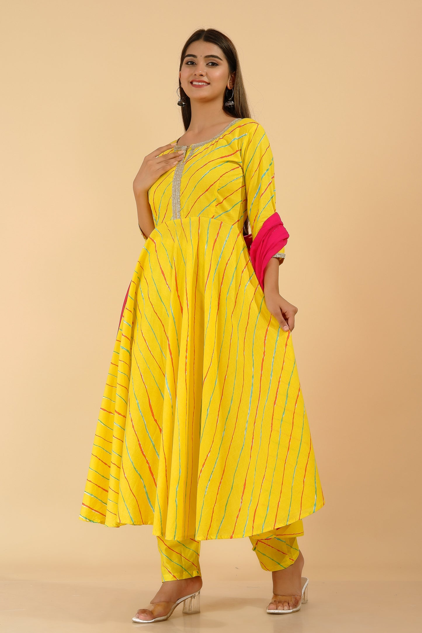 Women's Yellow Leheriya Anarkali Suit (Set Of 3)